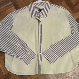 TALBOTS Women's Size L Two Tone Green Striped Button Down Shirt NWT